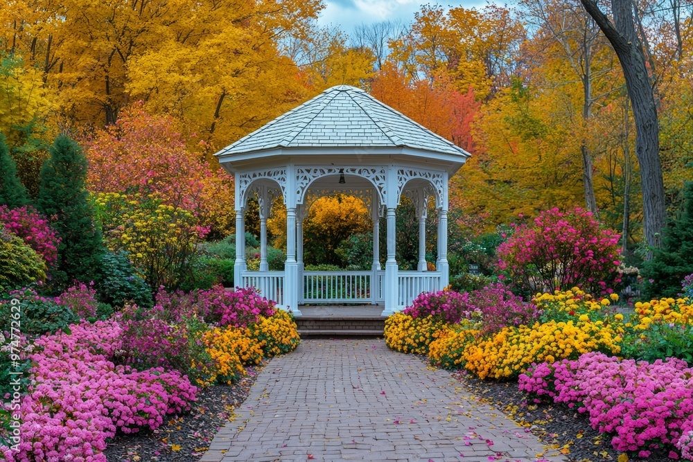 Obraz premium White Gazebo in a Garden with Autumn Colors