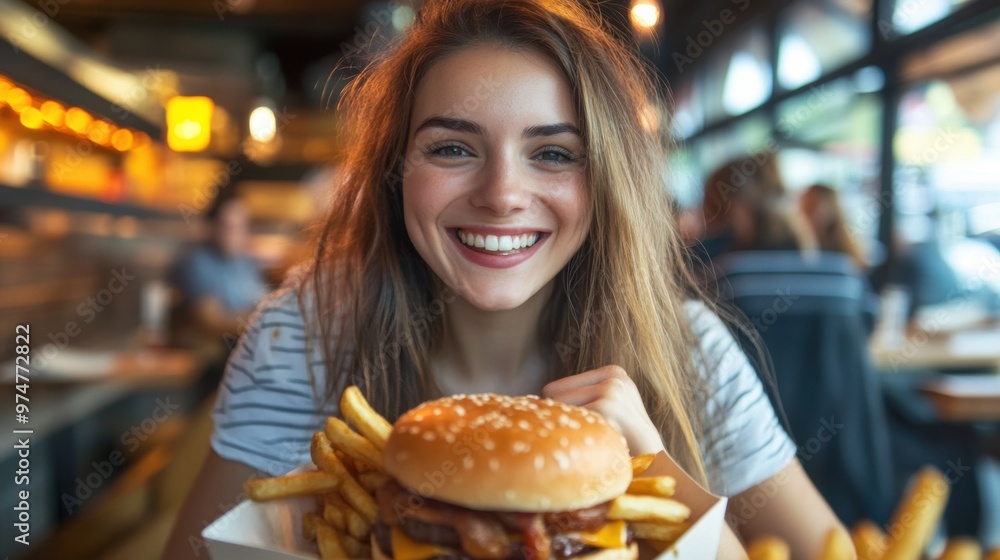 Cheerful young woman enjoying a burger and fries at a bustling restaurant Cheerful young woman enjoying a burger and fries at a bustling restaurant