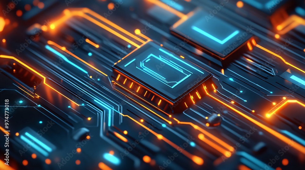 Close-up of a circuit board with glowing orange and blue lines. Close-up of a circuit board with glowing orange and blue lines.