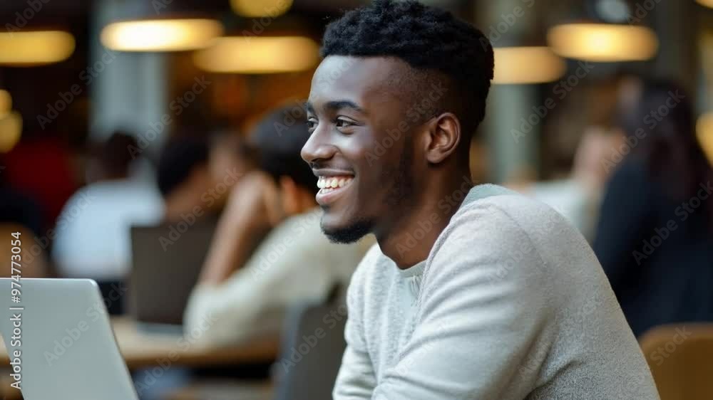 A black young man expresses happiness as he engages with his laptop amidst a lively cafe filled with other students A black young man expresses happiness as he engages with his laptop amidst a lively cafe filled with other students