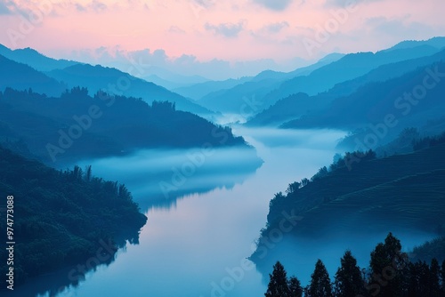 Misty Valley with Terraces and a Serene Lake at Dawn