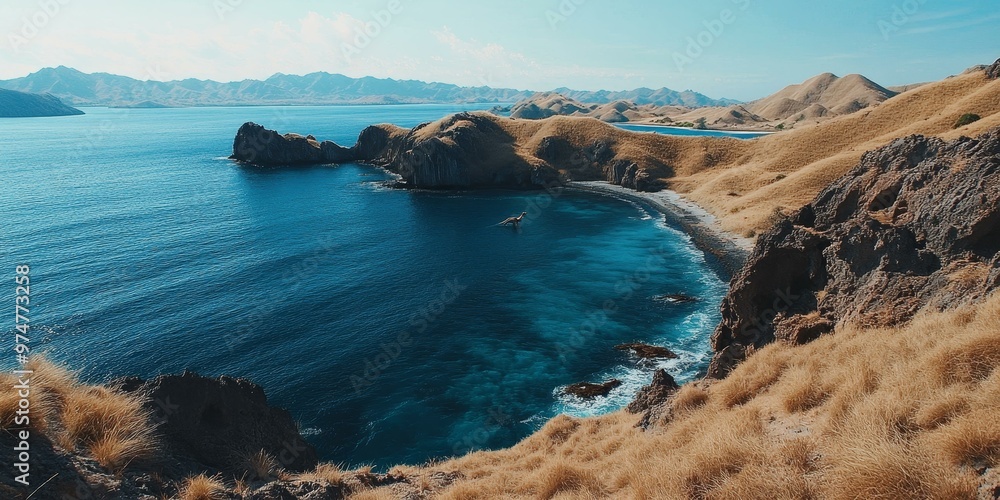 Obraz premium A rocky, grassy cliff overlooking a deep blue bay.