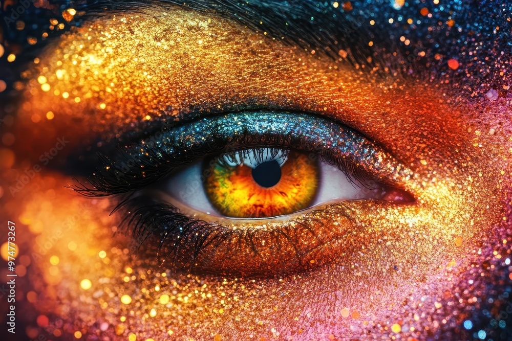 closeup of women deep eye with golden glitter in the face, symbolize swirling thinking state of mind of people with ADHD closeup of women deep eye with golden glitter in the face, symbolize swirling thinking state of mind of people with ADHD