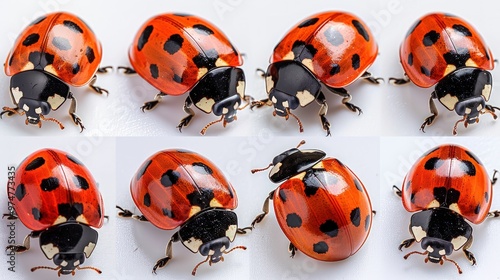 Eight red ladybugs with black spots, arranged in a grid on a white background.