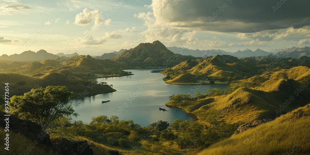 Obraz premium Serene lake surrounded by verdant hills.