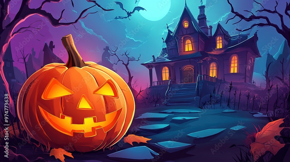 Halloween pumpkin in front of haunted house, cartoon style, bright colors Halloween pumpkin in front of haunted house, cartoon style, bright colors