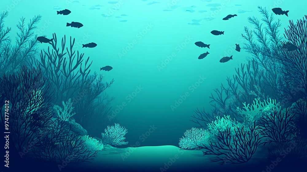 Naklejka premium An underwater scene with coral reefs and fish swimming in the blue water.