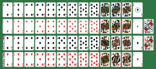 Playing Cards (poker, bridge), full deck. Classic design. Printable, vector and editable. King, Queen, Jack and Joker characters. Spades, Hearts, Diamonds, Clubs suits.	