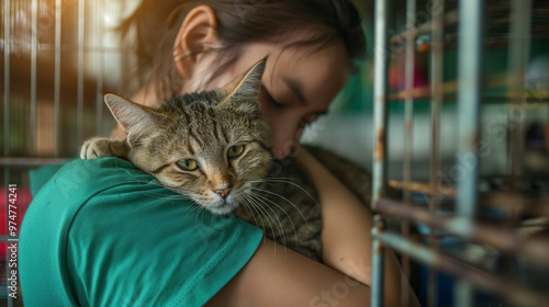 A volunteer comforting a scared cat in an animal shelter with a calming atmosphere