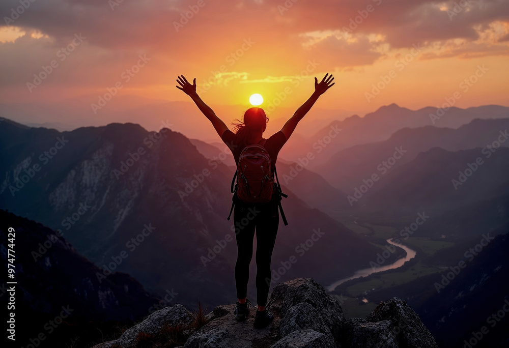 Woman raising arms at mountain peak during sunset with scenic valley view Woman raising arms at mountain peak during sunset with scenic valley view