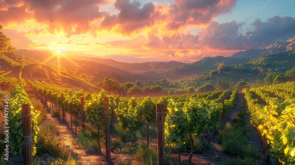 Naklejka premium Vineyard Sunset Landscape