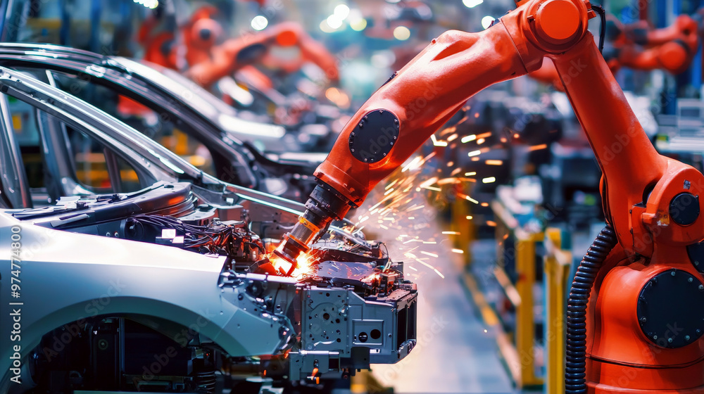 Assembly line in an automotive plant, workers and robots collaborating, efficient production Assembly line in an automotive plant, workers and robots collaborating, efficient production