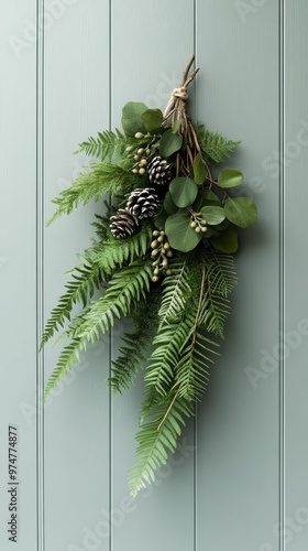 Christmas decorations featuring botanical elements, such as fern leaves and flowers, biologyinspired holiday photo