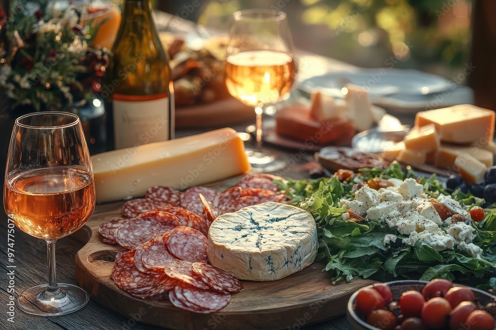 rustic farmhouse dining scene warm golden light artisanal cheese platter vintage wine glasses fresh garden salad intimate gathering atmosphere rustic farmhouse dining scene warm golden light artisanal cheese platter vintage wine glasses fresh garden salad intimate gathering atmosphere