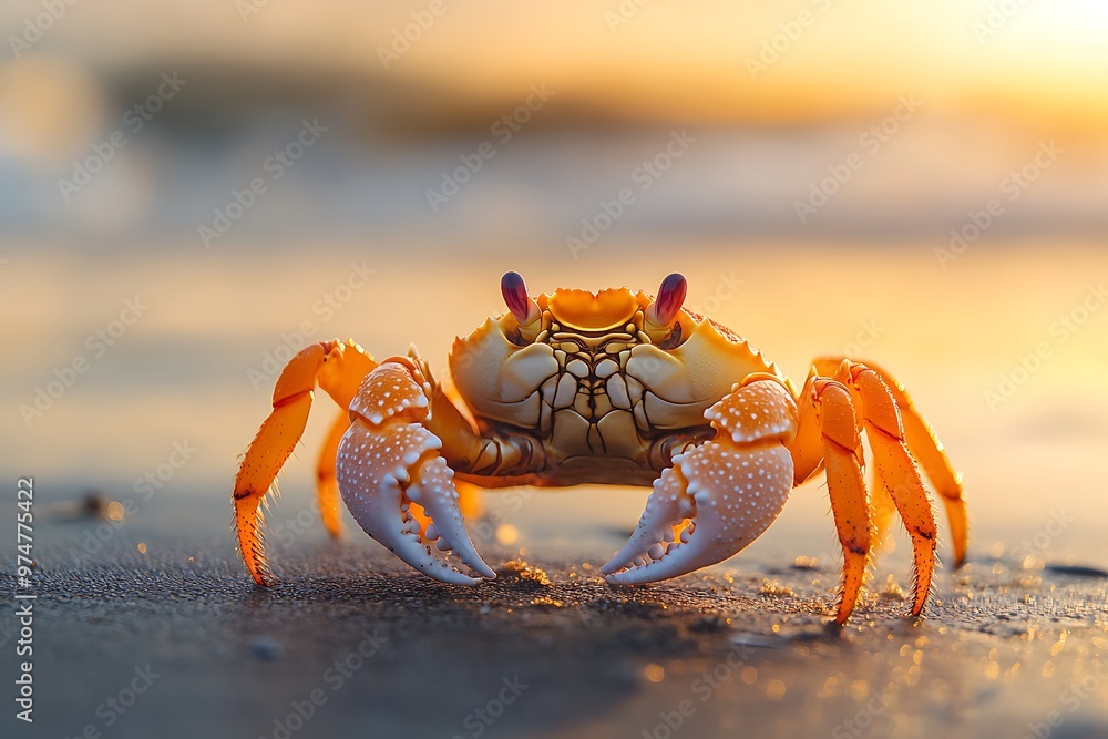 Colorful crab walking on the beach at sunset Colorful crab walking on the beach at sunset