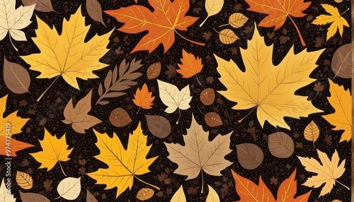 A vibrant pattern of autumn leaves in various colors against a dark background, perfect for seasonal designs.