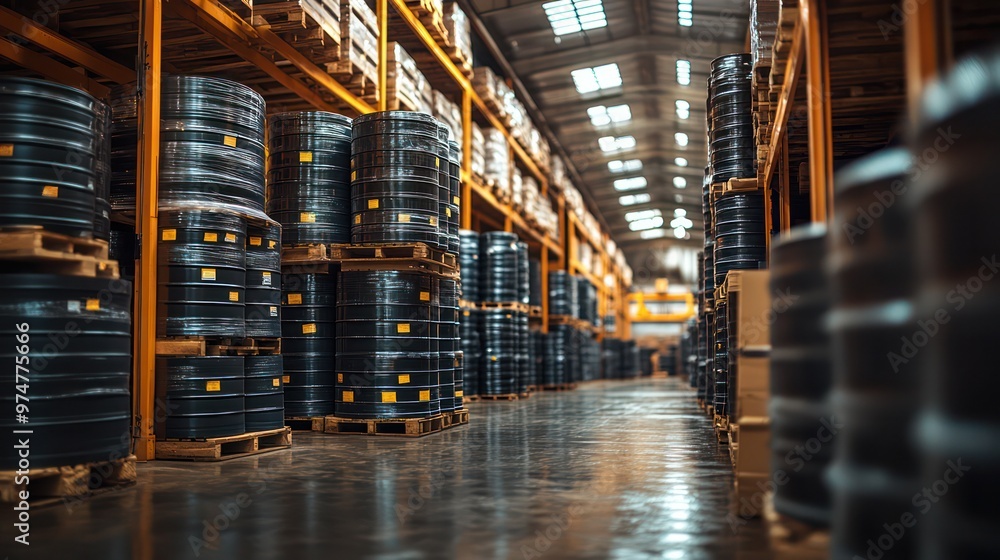 Large rubber rolls stacked on pallets inside a warehouse, with an open, spacious environment and clear visibility of the stacked materials. Large rubber rolls stacked on pallets inside a warehouse, with an open, spacious environment and clear visibility of the stacked materials.