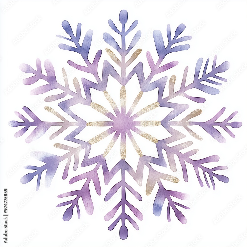 Delicate watercolor snowflake illustration with purple and gold accents for winter decor Delicate watercolor snowflake illustration with purple and gold accents for winter decor