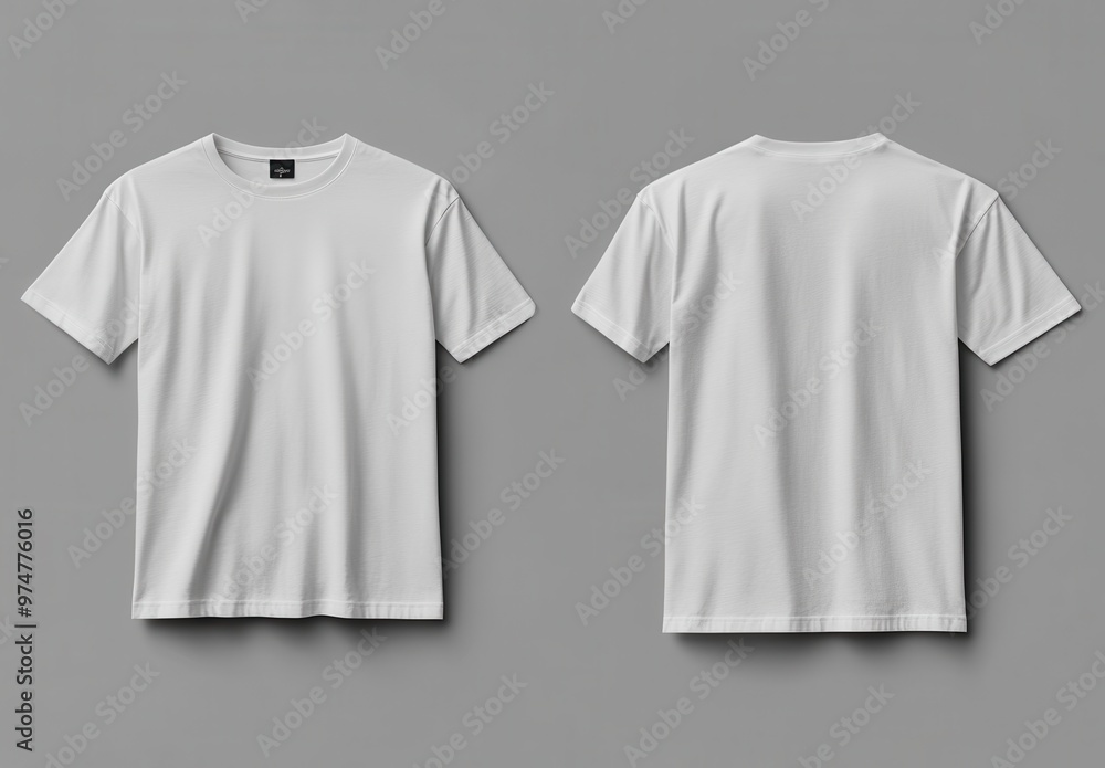 White blank t-shirt template on a gray background, front and back view White blank t-shirt template on a gray background, front and back view
