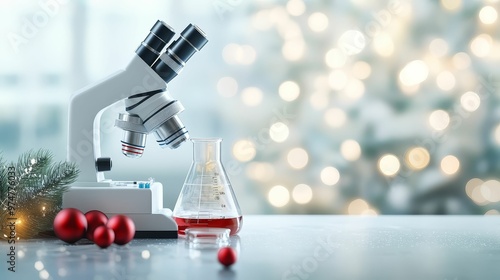 Christmas scene with a biology lab decorated for the holidays, microscopes and petri dishes on a festive background