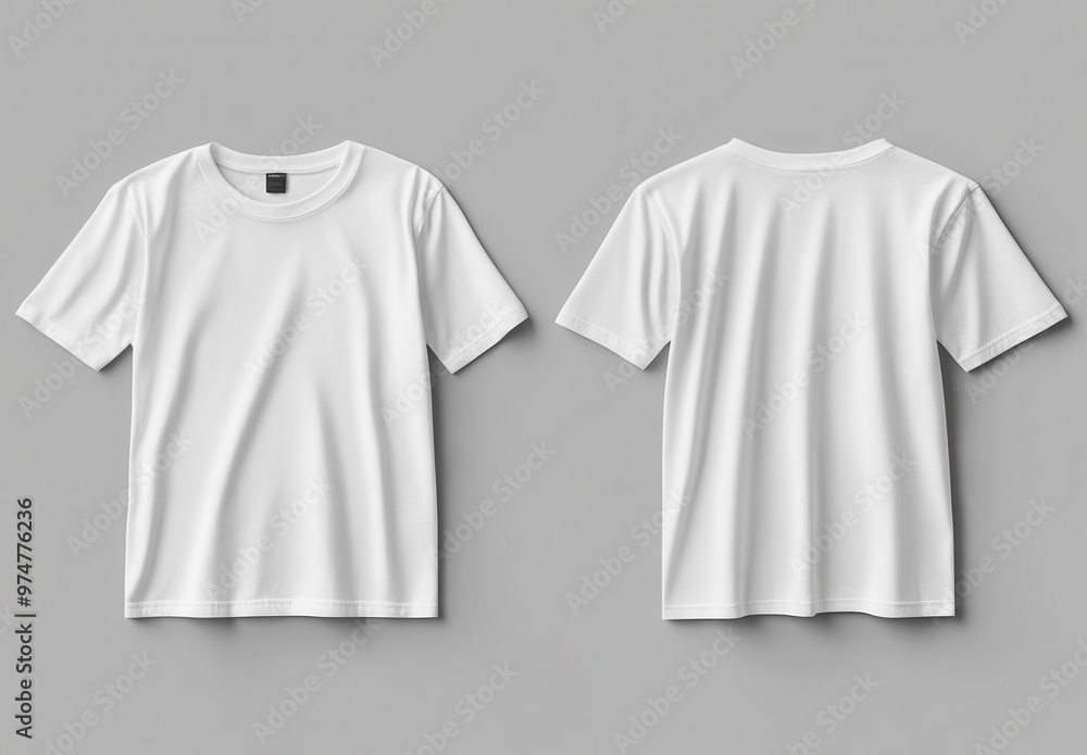 White blank t-shirt template on a gray background, front and back view White blank t-shirt template on a gray background, front and back view