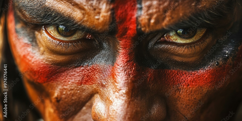 Close-up of a man's face with red paint. Close-up of a man's face with red paint.