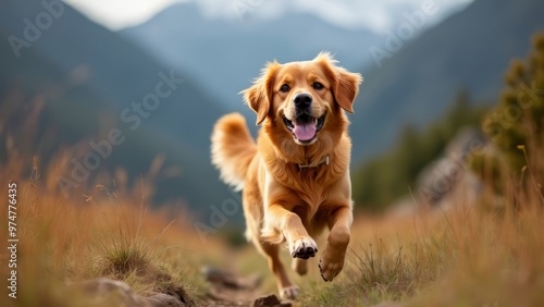 Happy Golden Retriever Running in Scenic Mountain Landscape