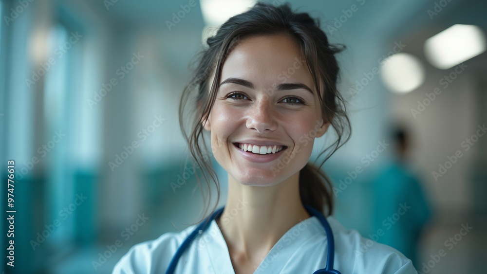 Fototapeta premium Smiling Nurse in Hospital Corridor with Stethoscope