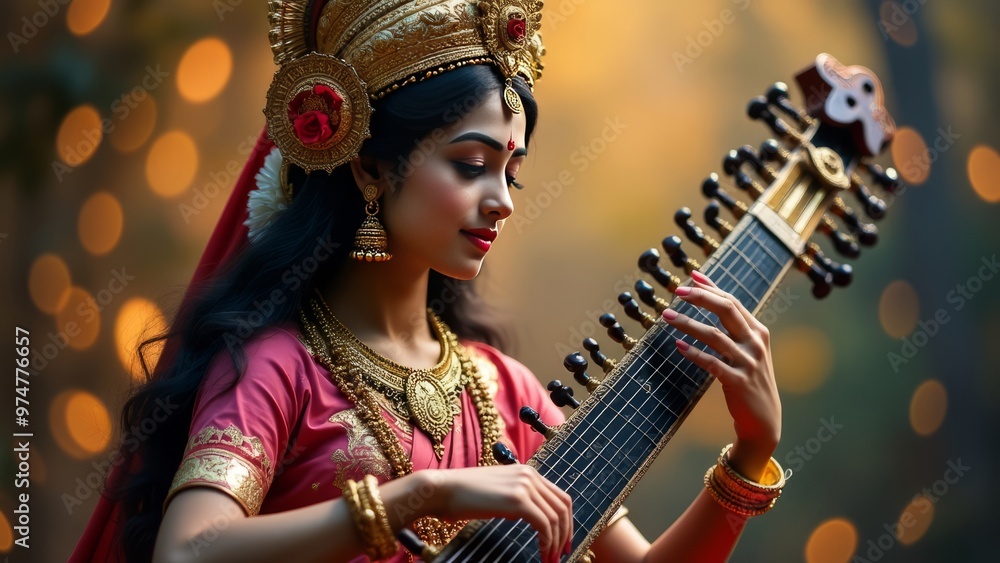 Graceful Woman in Traditional Attire Playing a String Instrument Graceful Woman in Traditional Attire Playing a String Instrument