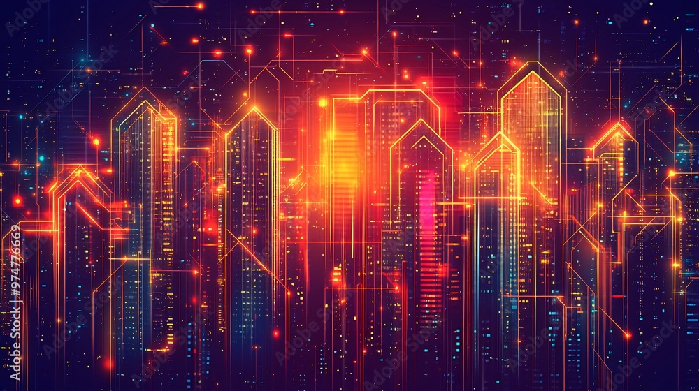 Obraz premium An abstract digital cityscape with neon lights and glowing lines, creating a futuristic urban landscape.