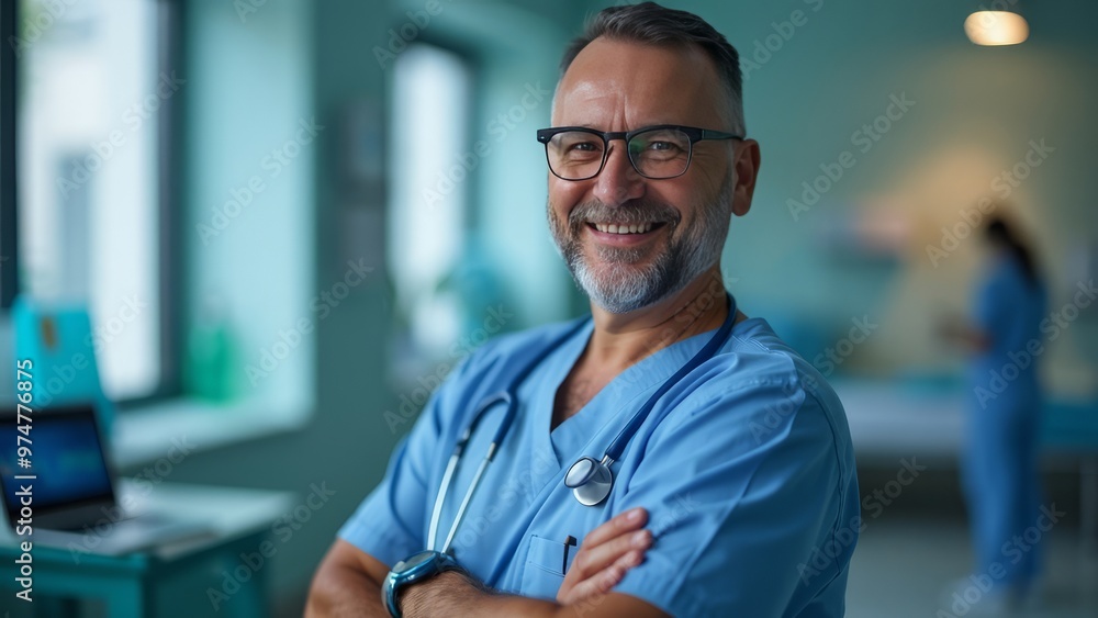 Confident Male Doctor Smiling in a Hospital Setting Confident Male Doctor Smiling in a Hospital Setting