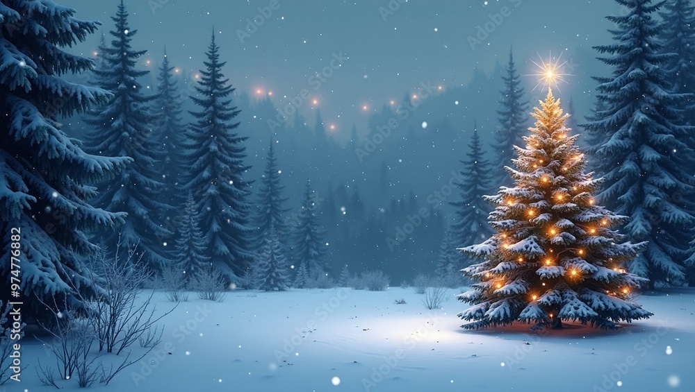 Magical snowy forest with Christmas tree and glowing lights Magical snowy forest with Christmas tree and glowing lights