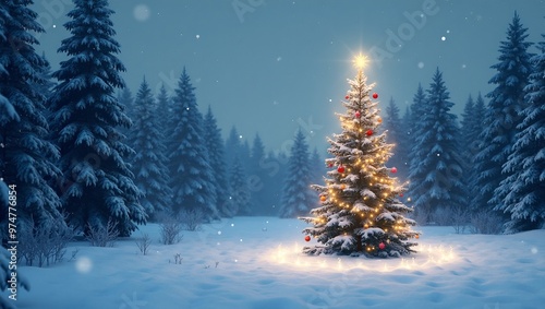 Magical snowy forest with Christmas tree and glowing lights