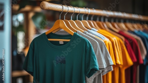 Colorful display of cotton t-shirts hanging on wooden rack in store