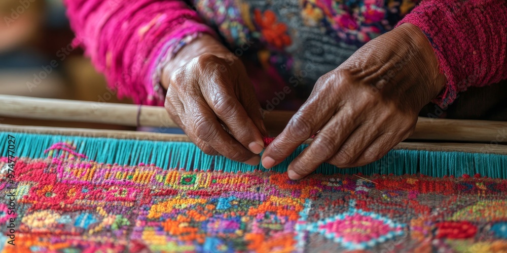 Woman's hands weaving colorful tapestry. Woman's hands weaving colorful tapestry.