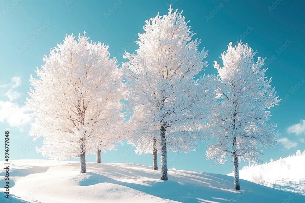 Three Snow-Covered Trees Against a Bright Blue Sky Three Snow-Covered Trees Against a Bright Blue Sky