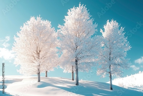 Three Snow-Covered Trees Against a Bright Blue Sky