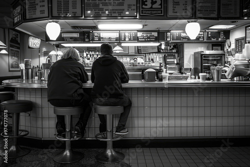 Retro Diner Scene with Two People Sitting at the Counter in Black and White