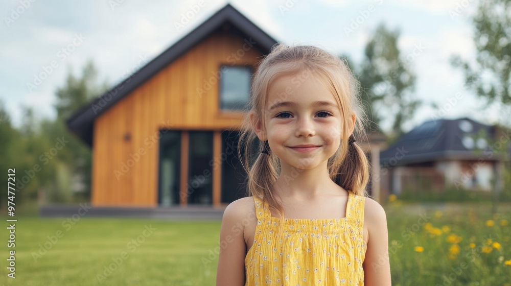 Smiling girl in yellow dress standing in front of modern wooden house Smiling girl in yellow dress standing in front of modern wooden house