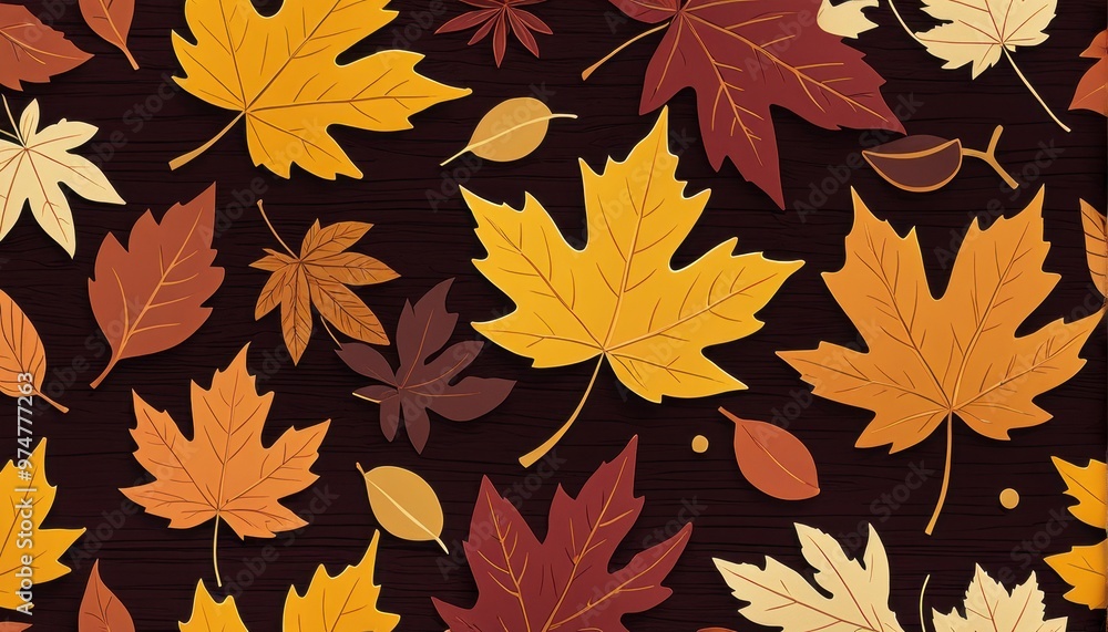 A vibrant pattern of autumn leaves in various shades of yellow, orange, and red on a dark wooden background. A vibrant pattern of autumn leaves in various shades of yellow, orange, and red on a dark wooden background.
