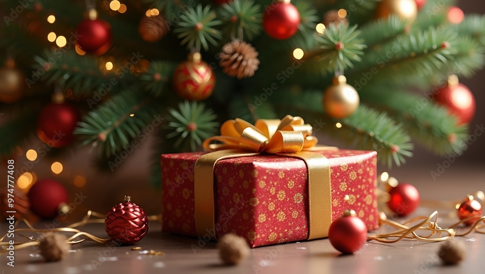 Festive Christmas tree with gift box wrapped in gold ribbon Festive Christmas tree with gift box wrapped in gold ribbon