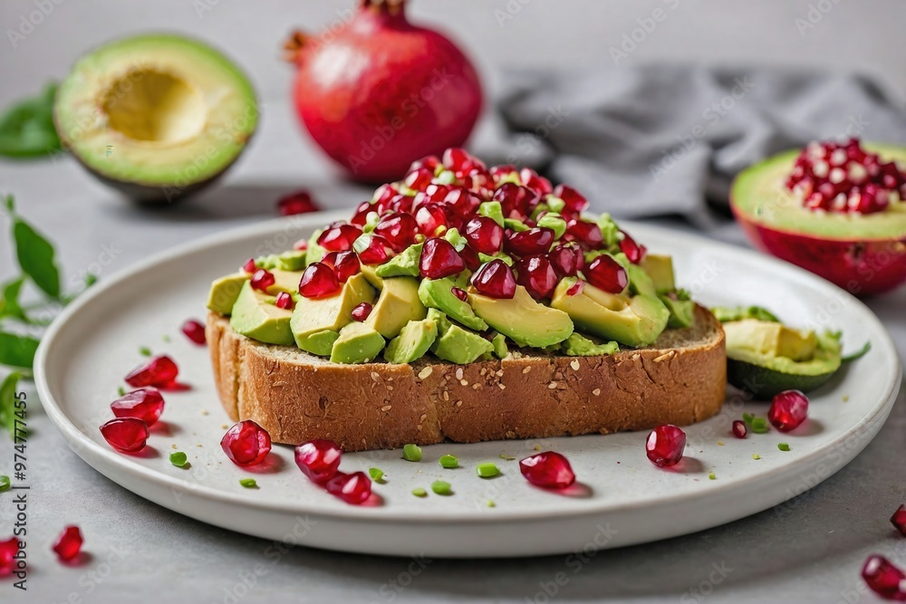 Pomegranate Avocado Toast: A slice of avocado toast topped with scattered pomegranate seeds, centered on a plain white plate Pomegranate Avocado Toast: A slice of avocado toast topped with scattered pomegranate seeds, centered on a plain white plate