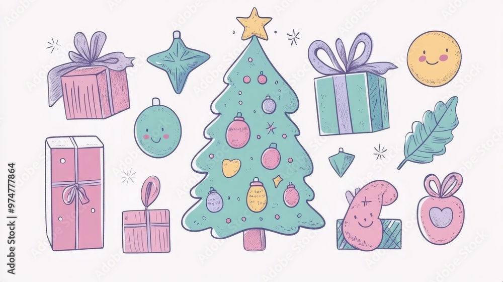 Fototapeta premium Cute Christmas Illustration: Festive Tree, Presents & Ornaments