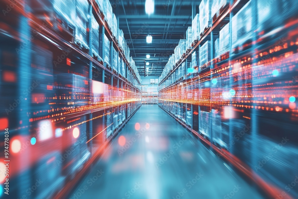 Blurred view of a high tech warehouse representing cloud storage and digital connectivity Blurred view of a high tech warehouse representing cloud storage and digital connectivity