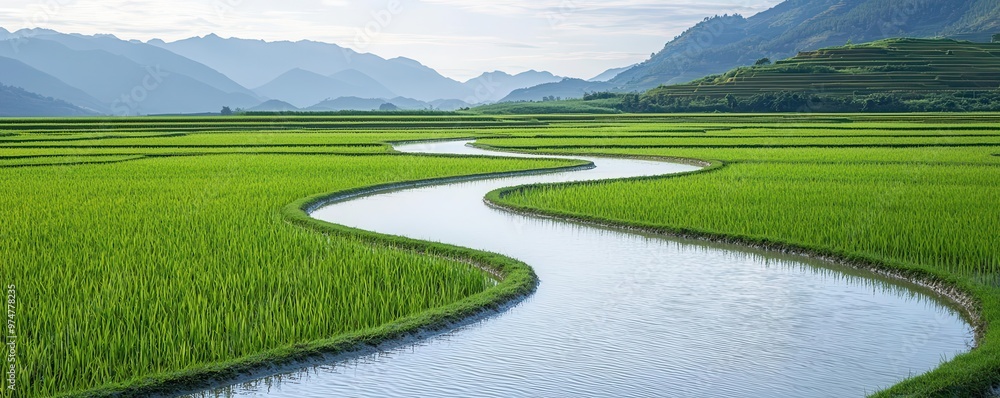Rice field irrigation system with water flowing through channels, highlighting efficient water use rice industry, rice field irrigation Rice field irrigation system with water flowing through channels, highlighting efficient water use rice industry, rice field irrigation