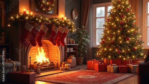 Wallpaper Mural Cozy living room with fireplace Christmas tree and gifts Torontodigital.ca