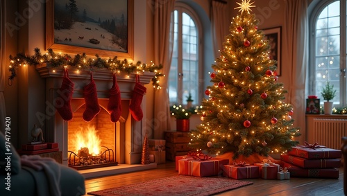 Wallpaper Mural Cozy living room with fireplace Christmas tree and gifts Torontodigital.ca