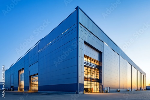 Modern industrial warehouse with steel panels and loading bays under a clear dusk sky