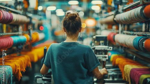 Factory worker in a textile factory, operating weaving machines, threads and fabrics in view photo