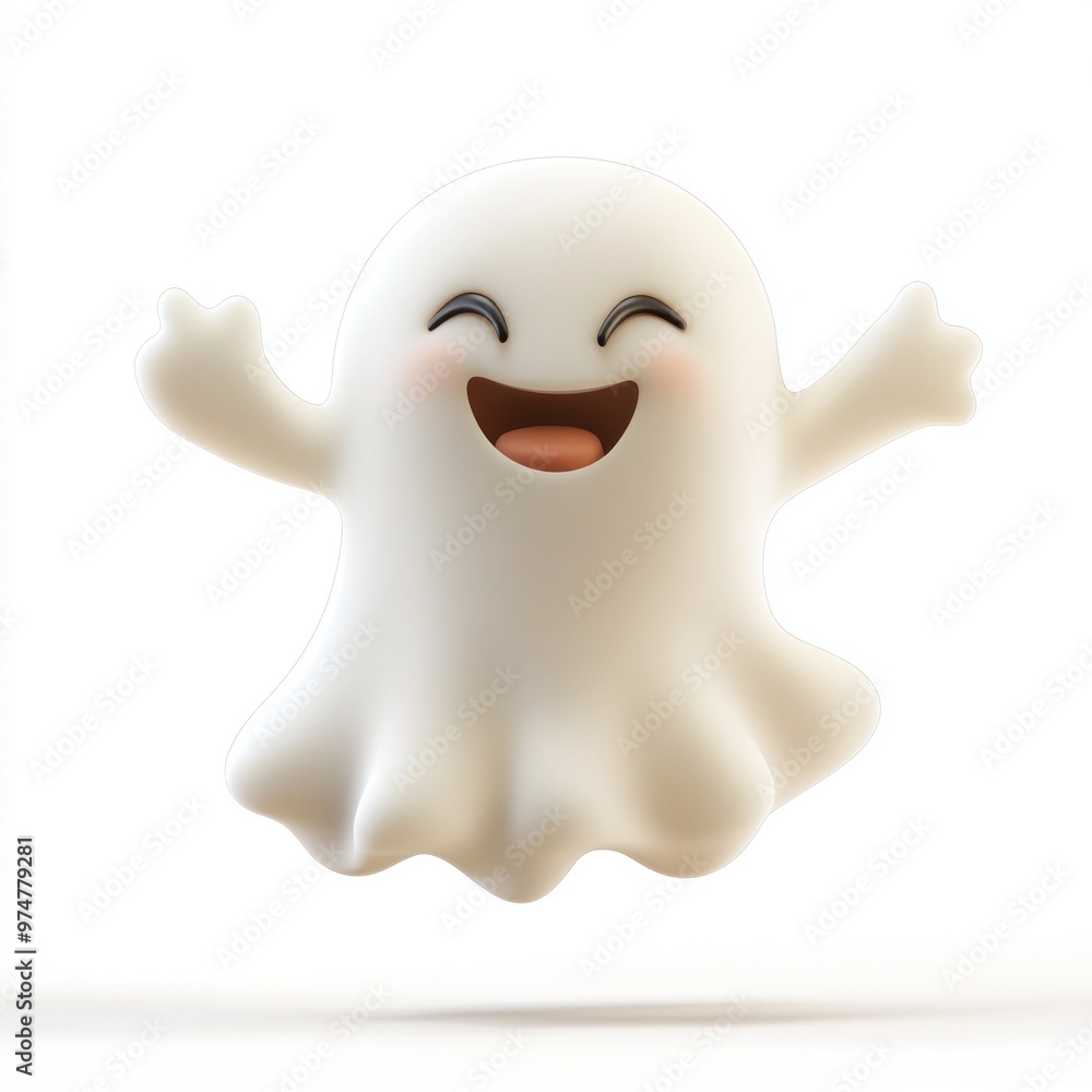 Friendly 3D Cartoon Ghost Smiling on White Background for Halloween Designs Friendly 3D Cartoon Ghost Smiling on White Background for Halloween Designs
